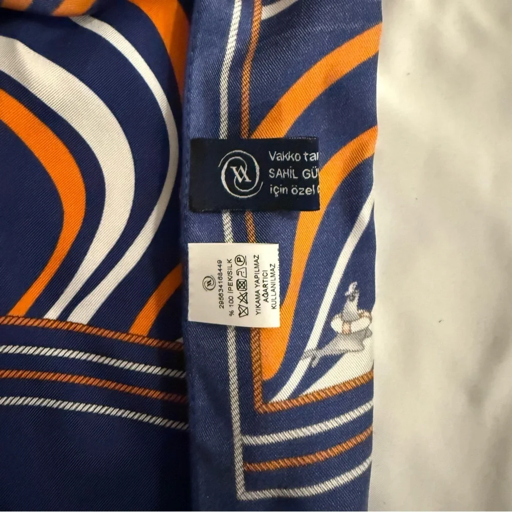 NWOT Vakko 100% Silk Abstract Swirl Print Scarf in Blue, Orange, and White